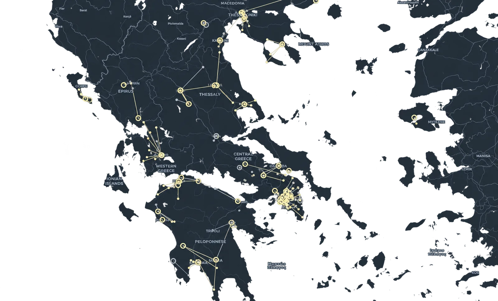 Delivery routes across Greece, with linked locations and a dense cluster around Athens.